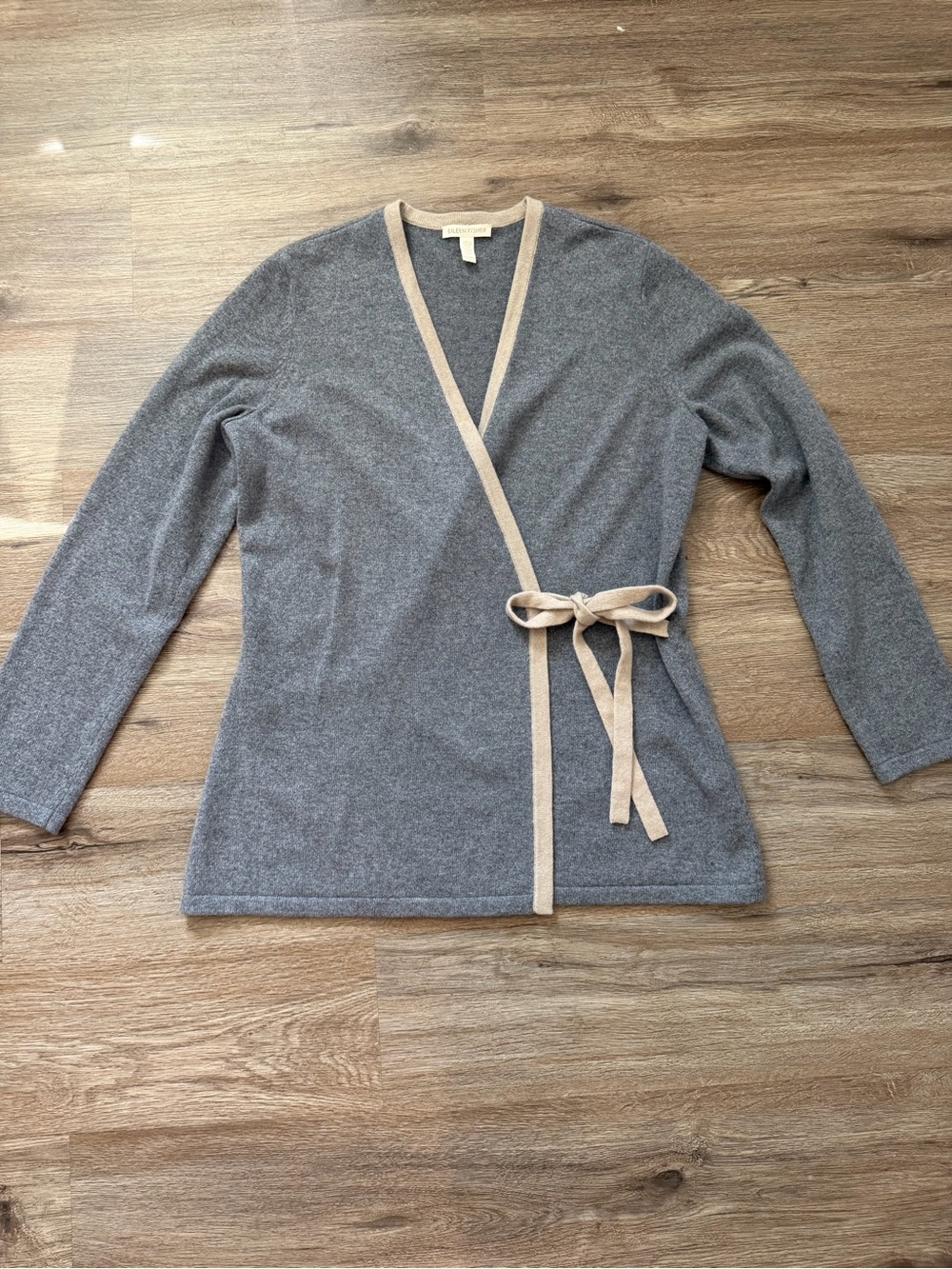 Eileen Fisher Cashmere Gray Wrap Cardigan with Cream Trim